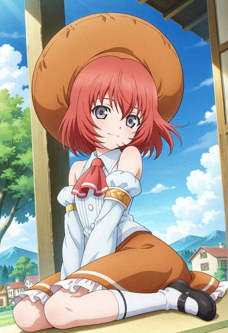 detailed eyes, beautiful, detailed background, perfect eyes,
source_anime, very aesthetic, anime coloring, masterpiece, official art,
<lora:HandFineTuning_XL:1>
BREAK,
trees, village, flowers, floating hair,
full body, sitting, light smile, hand on hair,
dynamic angle,
BREAK,
BREAK,
<lora:seles_illustrious_v01:0.95>
orange headwear, orange hat, red hair, short hair, grey eyes, hair between eyes, sidelocks, red ascot, white shirt, sleeveless, detached sleeves, orange skirt, frills, white socks, black loafers,