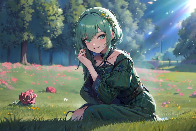 (masterpiece:1.4), 4K8K, (anime style), (high shutterspeed:1.4), (sharp edges), 
SyFyEye1, FanFo, 
1woman  hands togather,  leaning foward, face focus, smile, closed mouth, 
wearing Celtic style dress, (Detailed face, Detailed eyes, Detailed lips), (solo), 
any colored roses, Fantastic, grass firld,