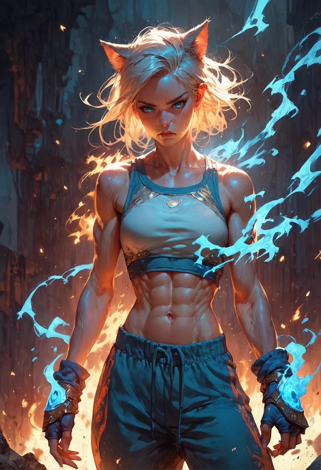 score_9, score_8_up, score_7_up, score_6_up, score_5_up, score_4_up,<lora:Fant5yP0ny:0.8>, 1girl, cat ears, abs, gloves, navel, fingerless fiery gloves, crop top, blue eyes, sweatpants , fantasy,solo focus,epic