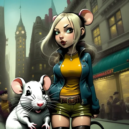 codamsel girl with a big rat in the city <lora:codamsel:1>