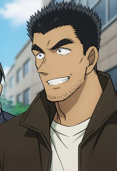 2boys, solo_focus, watarudate_conan, black eyes, black hair, spiked hair, brown jacket, ((open jacket)), white undershirt, stubble, score_8_up, score_7_up, score_6_up, score_9, manly, muscle, middle-aged man, roll up sleeves, 40 years old, a muscular man in a street, centered, looking away, face_focus, (detailed eyes), 8k uhd, high quality, anime color, cinematic angle, running on street
on side,grin