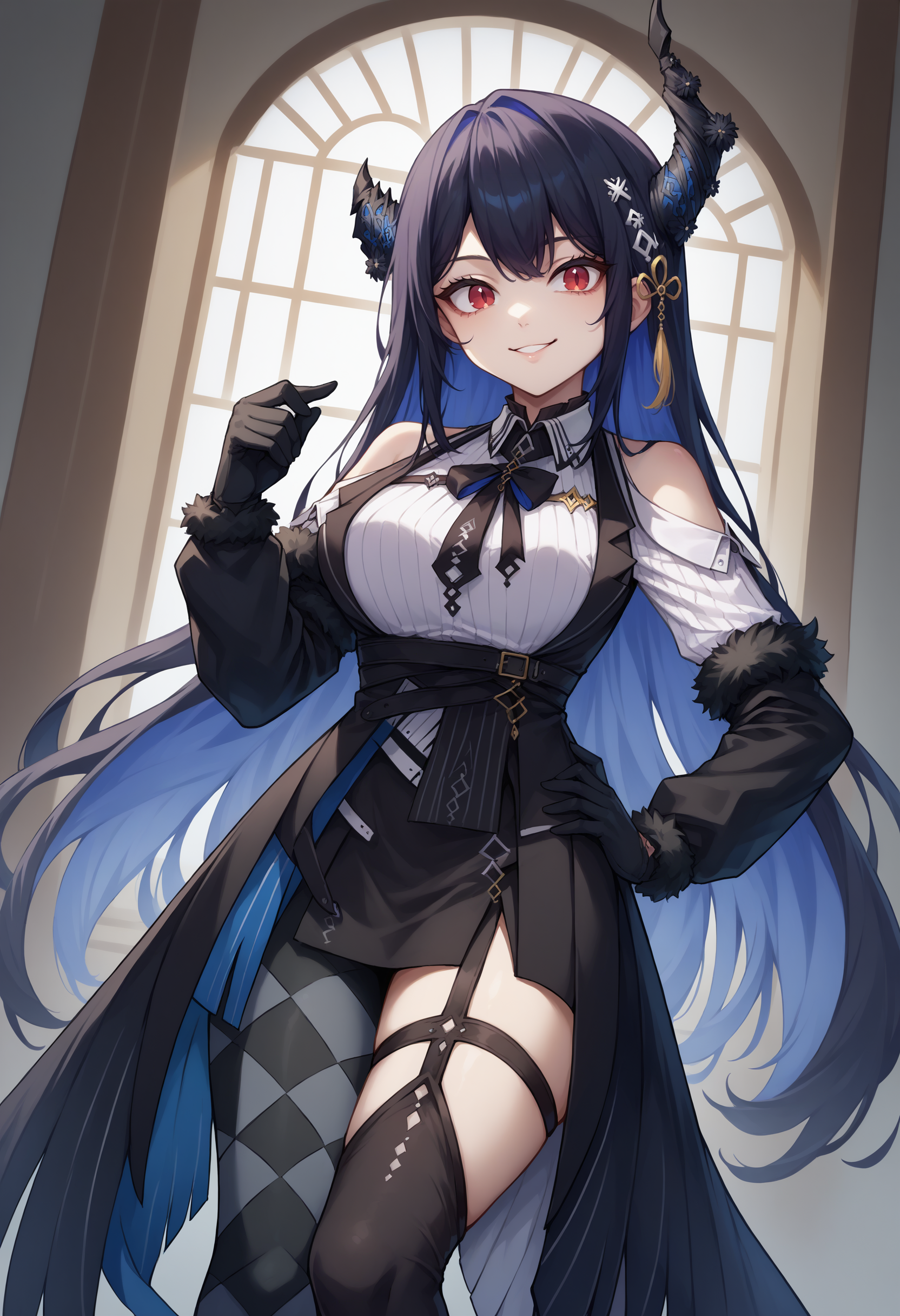 score_9, score_8_up, source_anime, 1girl, solo, NerissaBase, colored inner hair, black hair, blue hair, red eyes, slit pupils, uneven horns, long hair, hair ornament, black ribbon, fur-trimmed sleeves, black sleeves, collared shirt, white shirt, ribbed shirt, shoulder cutout, black gloves, black skirt, miniskirt, side slit, singe leg pantyhose, checkered pantyhose, black thighhighs, asymmetrical legwear,  smile, indoors, hand on hip, <lora:ChamNerissaRavencroftPonyXLCame-000008:1>