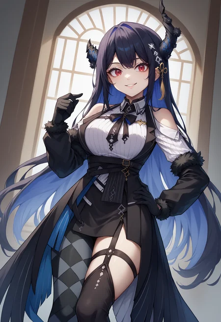 score_9, score_8_up, source_anime, 1girl, solo, NerissaBase, colored inner hair, black hair, blue hair, red eyes, slit pupils, uneven horns, long hair, hair ornament, black ribbon, fur-trimmed sleeves, black sleeves, collared shirt, white shirt, ribbed shirt, shoulder cutout, black gloves, black skirt, miniskirt, side slit, singe leg pantyhose, checkered pantyhose, black thighhighs, asymmetrical legwear,  smile, indoors, hand on hip, <lora:ChamNerissaRavencroftPonyXLCame-000008:1>