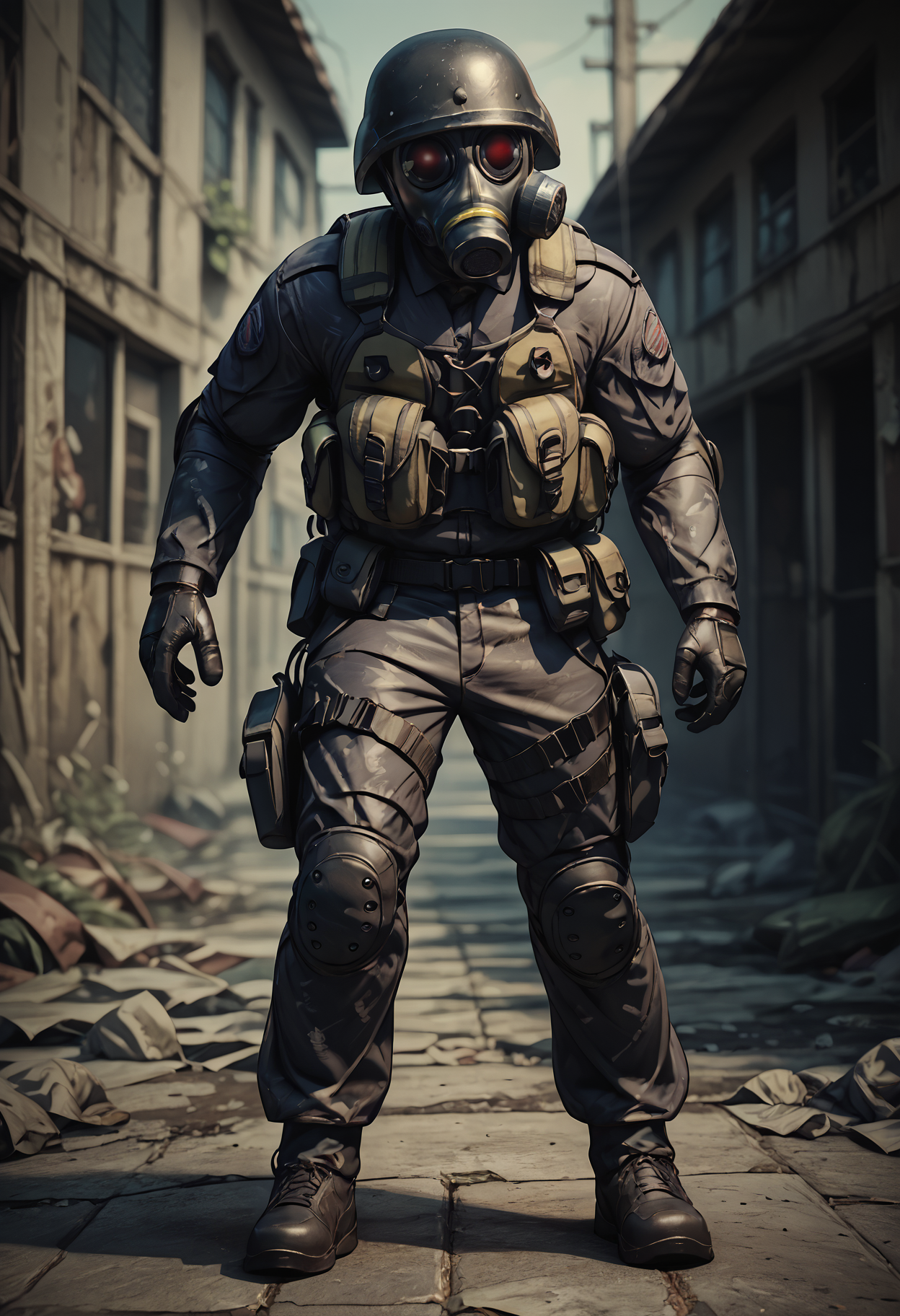 zPDXL3, score_9_up, score_8_up, score_7_up, detailed, masterpiece, high quality, best quality, digital media \(artwork\), post-apocalyptic BREAK full-length portrait, tactical gear, military, action pose, looking away, hunkre, gas mask, helmet <lora:detailed_notrigger:1>  <lora:HUNK_ResidentEvil_V2:0.8> <lora:1dkXLP:0.3>