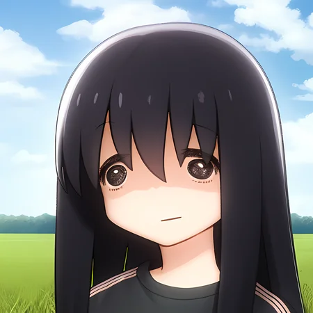 1girl, solo, blue sky, grass field, clouds,
black hair, long hair, brown eyes, black t-shirt, ((6o9)), <lora:6o9:1>