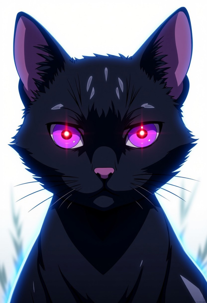 Anime-styled illustration close-up portrait of a domestic shorthair cat. The cat's face and upper body are covered in its natural black fur. 
The cat's piercing, almond-shaped eyes are purple with black pupils, with a bright, glowing red light in the center of each pupil which stand out against the black contrast. Its Its ears are perked forward, alert and attentive. The cat's small, pink nose is perfectly centered, providing a subtle touch of color amidst the monochrome design.
Shot against a pure white background, the lighting is dramatic and high-contrast, emphasizing the cat's eyes. The illumination highlights the sleek texture of the cat's short fur and the reflective quality of its eyes.
Every detail is captured with precision: individual whiskers, the subtle variations in the cat's skin texture, and the crisp edges of the painted patterns. The image is composed as a head and shoulder shot, filling the frame with the feline's uniquely adorned face and upper body.
The Cat is highlighted by a faint glowing blue outline around it, indicating that they might be using or preparing to use some sort of power or ability. 
C0NTR4CT0R
