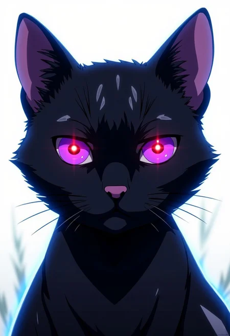 Anime-styled illustration close-up portrait of a domestic shorthair cat. The cat's face and upper body are covered in its natural black fur. 
The cat's piercing, almond-shaped eyes are purple with black pupils, with a bright, glowing red light in the center of each pupil which stand out against the black contrast. Its Its ears are perked forward, alert and attentive. The cat's small, pink nose is perfectly centered, providing a subtle touch of color amidst the monochrome design.
Shot against a pure white background, the lighting is dramatic and high-contrast, emphasizing the cat's eyes. The illumination highlights the sleek texture of the cat's short fur and the reflective quality of its eyes.
Every detail is captured with precision: individual whiskers, the subtle variations in the cat's skin texture, and the crisp edges of the painted patterns. The image is composed as a head and shoulder shot, filling the frame with the feline's uniquely adorned face and upper body.
The Cat is highlighted by a faint glowing blue outline around it, indicating that they might be using or preparing to use some sort of power or ability. 
C0NTR4CT0R