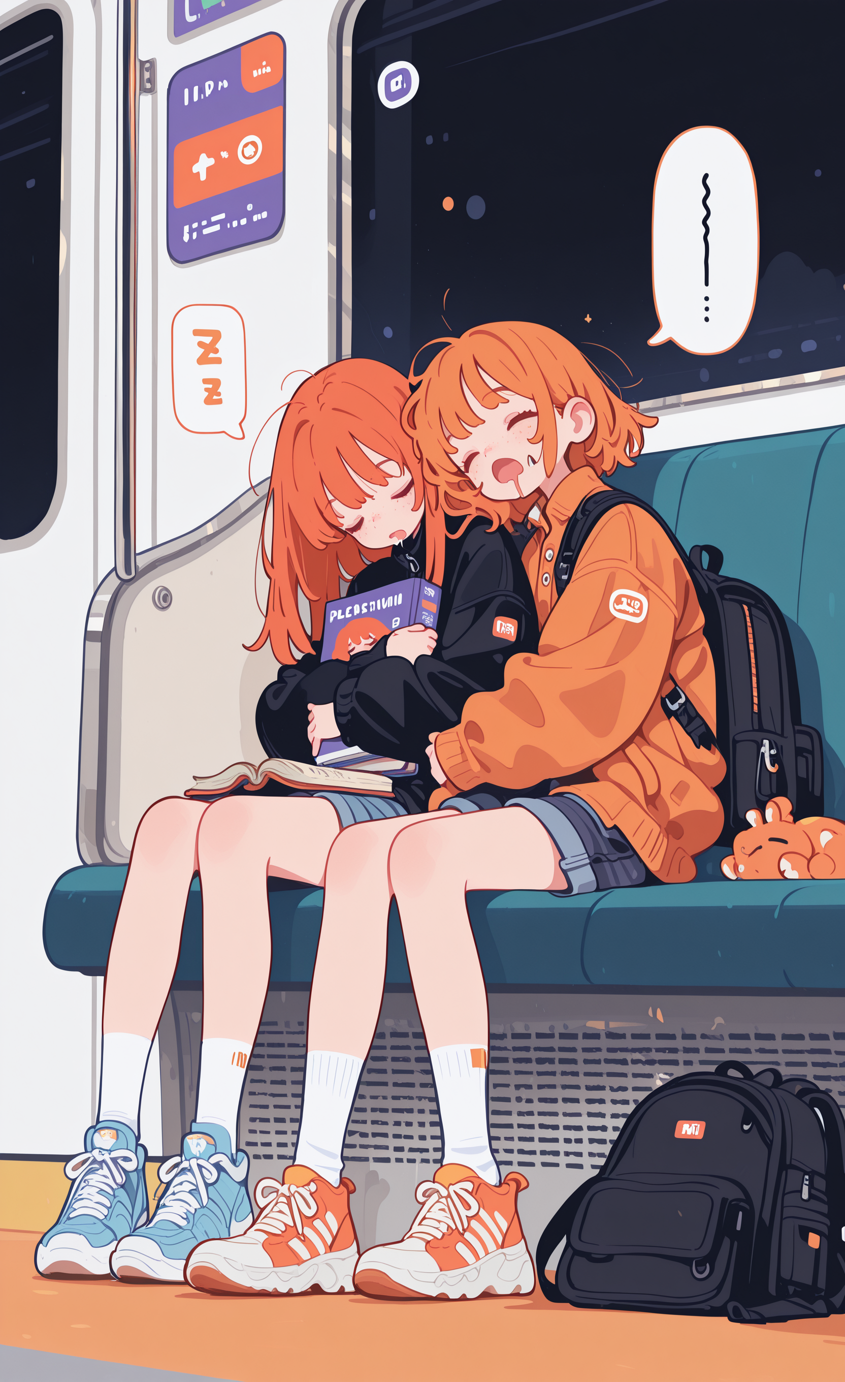 masterpiece,best quality,amazing quality,  long hair, open mouth, short hair, multiple girls, holding, 2girls, sitting, jacket, closed eyes, shorts, shoes, socks, bag, orange hair, speech bubble, book, backpack, sleeping, sneakers, drooling, freckles, hugging object, train interior, haiz_ai,
Flatline, Flat vector illustration,
15546+456868, <lora:ponyv6_noobE11_2_adamW-000017:0.3> <lora:mon_monmon2133:0.6> <lora:114558v4df2fsdf5:1> <lora:checkpoint-e18_s306:1.3> <lora:haiz_ai_illu:0.5>