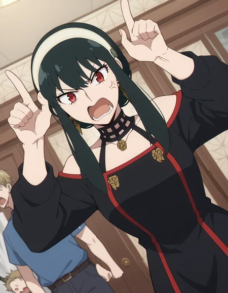 score_9, score_8_up, score_7_up, source_anime, yorbriar, <lora:yor-briar-s1-ponyxl-lora-nochekaiser:1>, yor briar, black hair, red eyes, earrings, white hairband, hairband, long hair, sidelocks,, <lora:horns-pose-ponyxl-lora-nochekaiser:1>, horns pose, index fingers raised, angry, steam, open mouth, shouting, anger vein,, indoors,, cowboy shot, dutch angle, looking at viewer,