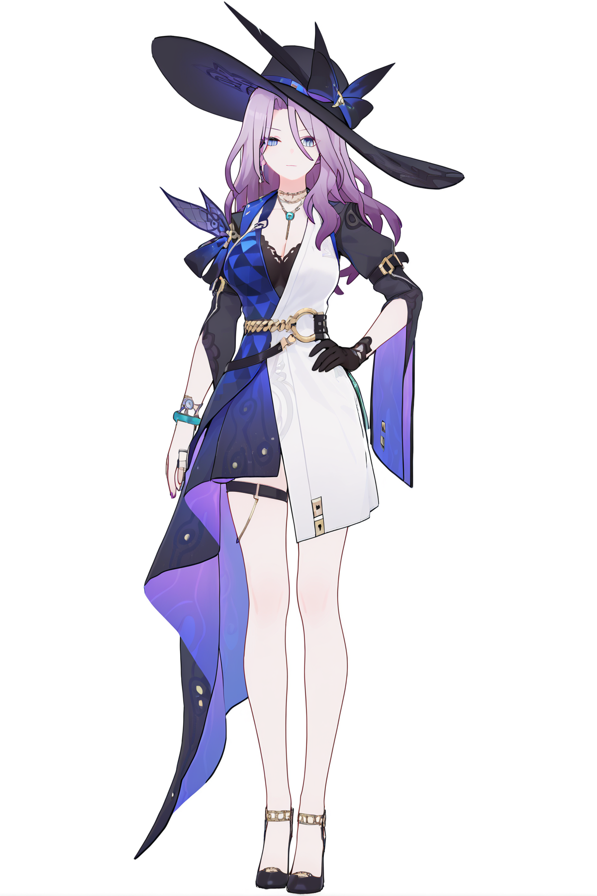 score_9, score_8_up, score_7_up, score_anime, 8k, best quality, masterpiece, (ultra-detailed), (white background:1.2), solo, hands on hip, (full body:1.1), looking at viewer, 
<lora:feicui-pony-Tanger-000013:0.8>, feicui, feicui's def clothes, 1girl, gloves, hat, black gloves, long hair, dress, purple hair, jewelry, black headwear, breasts, bracelet, single glove,