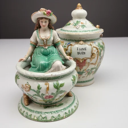 aA photograph of a ceramic woman in traditional attire, wearing a hat depicted on a chamber pot surrounded by green floral and geometric patterns, with a large hat and a plaque with the inscription "I LOVE BUZZ" in the background on a white surface in the style of Delft tableware.,<lora:aidmaTableTopMiniatures:1>,aidmaTableTopMiniatures,<lora:stained-glass:1>,