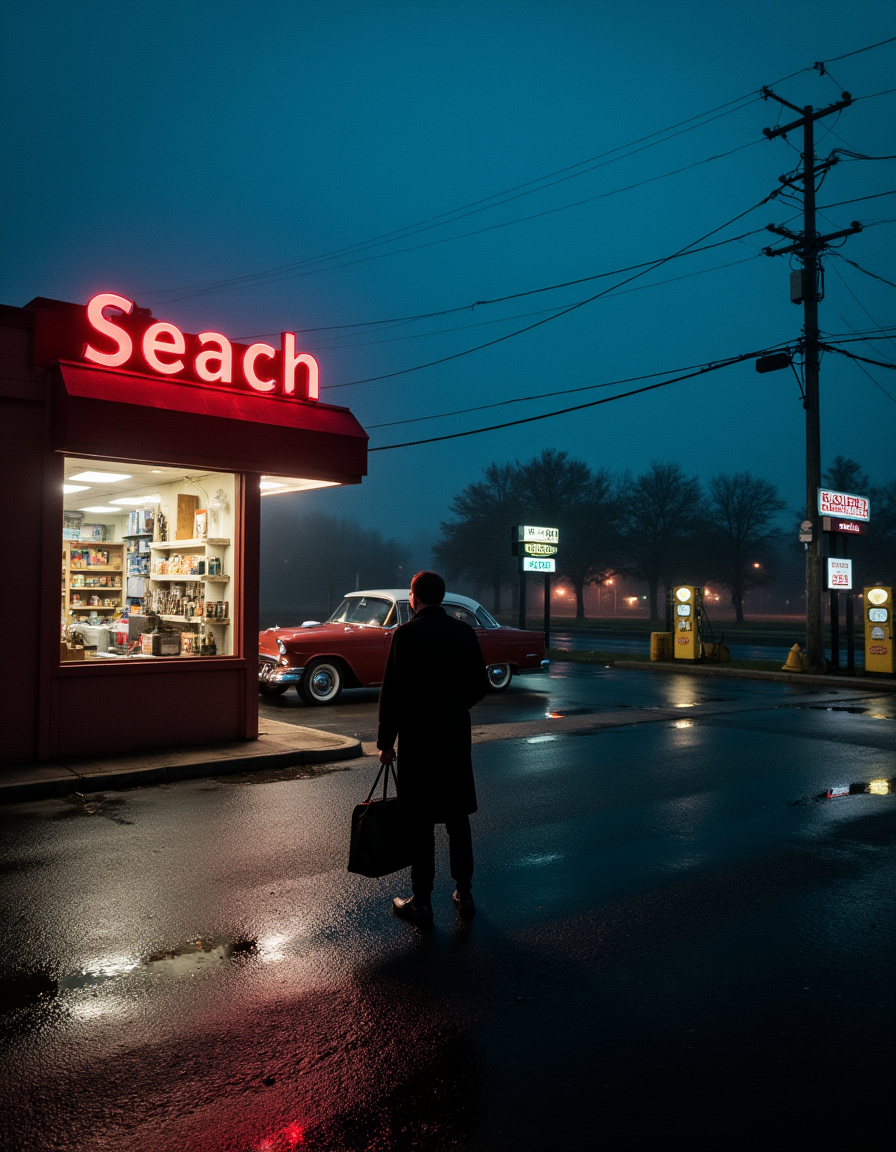 professional photography. Grain. nighttime gas station scene. The scene is set in a dimly lit, deserted area, with a dark, misty sky creating a moody atmosphere. The foreground features a solitary figure, a man standing with his back to the viewer, holding a briefcase in his right hand and wearing a long, dark coat. His silhouette is slightly blurred, adding to the mysterious and isolated feel.
To the left, there is a gas station with a neon sign reading "Seach" in bright red letters, glowing against the dark backdrop. Inside the station, there are shelves filled with various items, illuminated by a soft, warm light. The station's exterior is painted in a dull, faded red.
In the background, a vintage red car with a classic design is parked near the gas pumps. The pumps are illuminated by yellowish lights, casting a soft glow on the wet pavement, which reflects the scene. Additional signs and utility poles are scattered throughout the scene, adding to the urban, somewhat abandoned feel. The overall color palette is dominated by dark blues and greys, with occasional pops of red and yellow from the lights. The texture of the image is smooth and highly detailed, capturing the wet, reflective surface of the pavement.  <lora:Cory_Photo_LoRA:0.8>