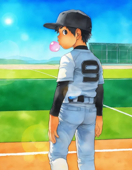 best quality, good quality, average quality, shounenzoom-style, 2010s, watercolor, outdoors, baseball field, day, lens flare, 1boy, solo, black hair, black eyes, baseball uniform, baseball cap, white pants, standing, looking back at viewer, blowing pink bubble <lora:shounen_zoom-naixl_vpred-v7Nd-ShoAI:1>