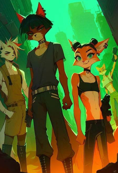 score_9, score_8_up, score_7_up, (anthro cats), dystopian cyberpunk future, street gang posing, group picture, oversized giant boots, skinny, confident, holding a weapons, fierce, choker, oversized street clothes, ear piercings, dutch angle, alternate hairstyles, snickering, males and females
