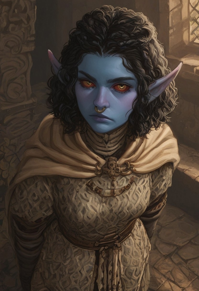 safe_pos, solo, short pointy ears, piercings, random elf face, aquiline features, androgenous dark elf, brow rings, nose rings, beaded piercings, weathered skin, large nose, insect chitin armor, insect chitin helmet, insect chitin ornaments, stylized insect pattern, athletic build,  animated realism, zoomed out, Syrian features, torso, brass pipes and gears, intricate architecture, dwarven masonry, dwemer fixtures, white-green light, gloomy lighting, ancient ruins, interior, stone tiled floor, grey-blue skin, mahogany and ivory clothes, medium armor, bone plate armor, ivory straps and fittings, alien bone ornaments, grey wood neckguard, red sclera, black pupils, blue-green light, neon, highly detailed, defined features, looking at viewer, three quarters view, from above, dynamic lighting, 19 years old, light and shadows, patterned cloth, annoyed expression, expressive eyes, detailed medieval clothes, medium_breasts, short hair, wavy hair, thick hair, beaded hair, braided hair, under cut hair, semirealistic, alien elf, spanish features, jewish features, black hair, dark red hair, umber skin, sharp features, pastel green inuit print cloak, nighttime, high detail, absurdres, pretty eyes, detailed eyes, yellow eyes,