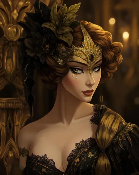 <lora:ck-LttleGhost-000011.safetensors:1> in the style of ck-lttlegh0stA stunning gold masquerade mask adorned with intricate floral accents and jewels, worn by a captivating woman in a black gown with golden undertones and lace trim, set against a blurred opulent background.