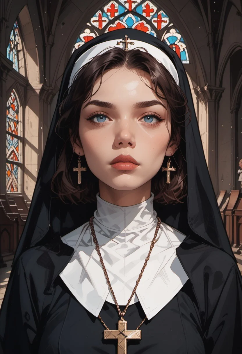 score_9, score_8_up, score_7_up, source_anime, 1woman, mature, human female, human, detailed face, jawline, smooth skin, beige skin, beautiful eyes, blue eyes, brunette, big breasts, bob cut hair, nun, habit, long sleeves, dress, black dress, jewelry, black veil, cross, cross necklace, church,