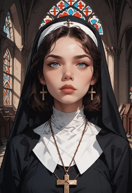 score_9, score_8_up, score_7_up, source_anime, 1woman, mature, human female, human, detailed face, jawline, smooth skin, beige skin, beautiful eyes, blue eyes, brunette, big breasts, bob cut hair, nun, habit, long sleeves, dress, black dress, jewelry, black veil, cross, cross necklace, church,