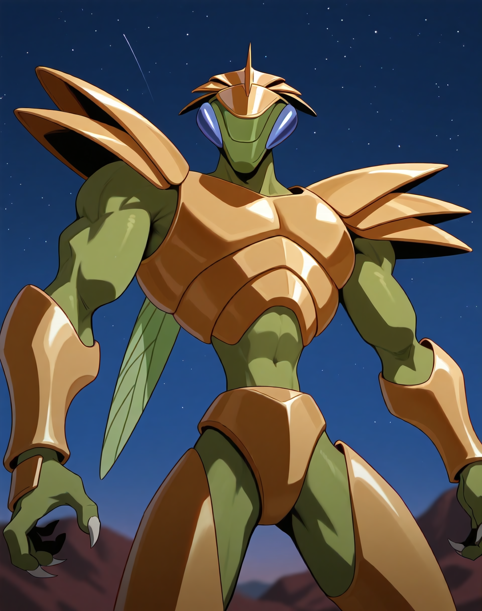 <lora:Hyper_Katris_(Shinzo)_(Illustrious)_(AD):1.15> Hyper Katris, mantis, Shinzo, 
((
exterior, anime night sky, anime mountains, bent leg, cowboy shot, 
dynamic action, insect anthro, male focus, strong warrior, manly, bounty hunter villain, gold armor, green body, manly, masculine, 
)),
BREAK: very awe, aesthetically pleasing, masterpiece, best quality, amazing quality, very aesthetic, perfect depth of field shot, gradient coloring, subsurface reflections, source_furry, furry_art, 
masterpiece, best quality, amazing quality, very aesthetic, high resolution, ultra-detailed, absurdres, newest, scenery, {Prompt}, BREAK, detailed background, volumetric lighting,
BREAK: lazympos, lazypos (3),