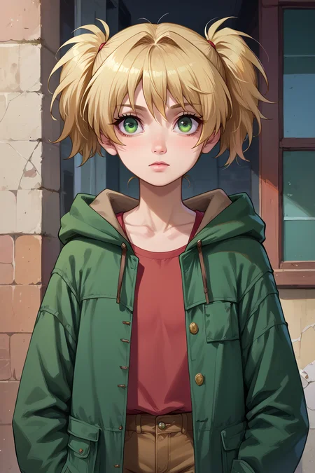 score_9, score_8_up, score_7_up, source anime, uncensored,
1girl, solo, outdoors, upper body, closed up,
<lora:PerfectEyesXL:0.8> perfecteyes,
<lora:Cal_Pony_XL:0.8> calloai, short hair, blonde hair, twintails, green eyes, short twintails, shirt, shorts, brown shorts, brown shirt, red shirt, cal devens, hood, coat, green coat, boots, brown footwear, calmilfai, short hair, blonde hair, ponytail, green eyes, breasts, flat chest,