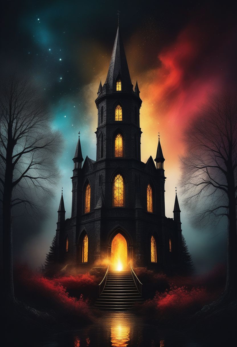 night time, darkness, dark woods cove with an arcane tower having the lights on, black background, blank background, magic fog, golden smoke, alcohol ink, stunning digital art object, with a splash of magic in vibrant colors and surreal fantasy edge lighting, floral patterns, red and black spirit, digital art, vibrant, beautiful, splashes, sparkling, stardust, salute filigree, side lighting, lighting, extreme, magic, surreal, fantasy, digital art, artistic masterpiece, sinister, matte painting, movie poster, golden ratio, intricate, epic,
