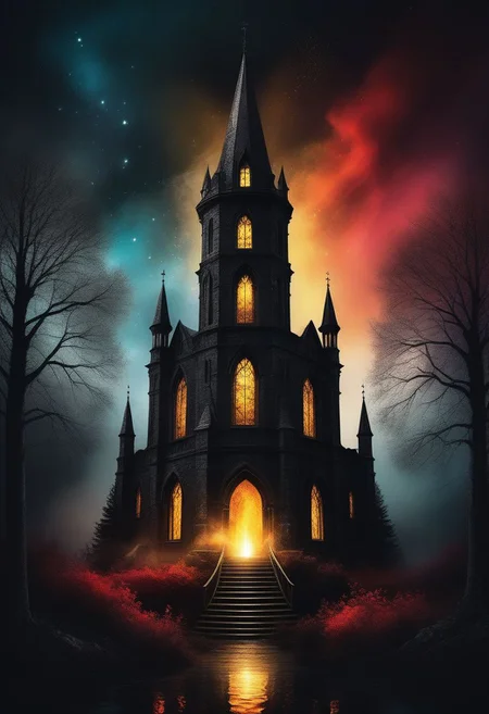 night time, darkness, dark woods cove with an arcane tower having the lights on, black background, blank background, magic fog, golden smoke, alcohol ink, stunning digital art object, with a splash of magic in vibrant colors and surreal fantasy edge lighting, floral patterns, red and black spirit, digital art, vibrant, beautiful, splashes, sparkling, stardust, salute filigree, side lighting, lighting, extreme, magic, surreal, fantasy, digital art, artistic masterpiece, sinister, matte painting, movie poster, golden ratio, intricate, epic,
