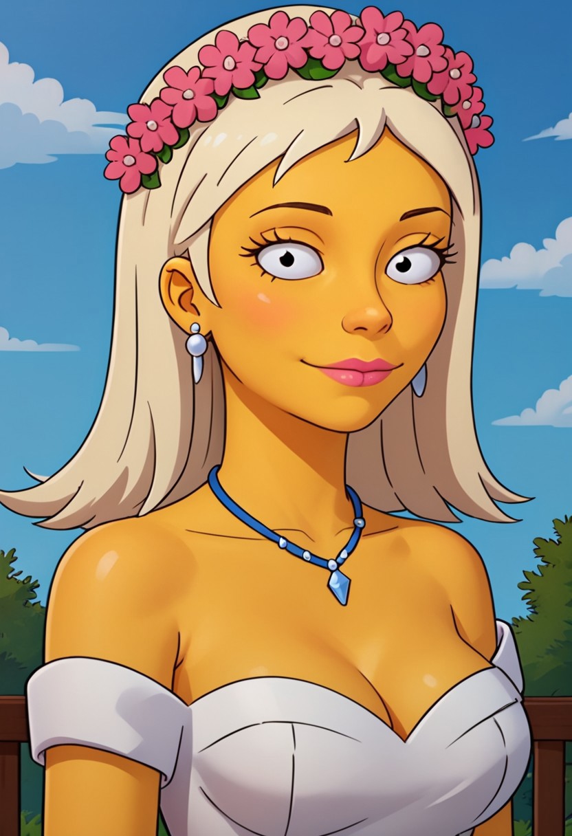 ((bedroom background)),score_9, score_8_up, score_7_up,score_6_up, 
1girl, solo, Becky_TS, yellow skin, black eyes, blonde hair, long hair, pink flower headband, white earrings, blue necklace, white wedding dress, long white gloves, white heels, big eyes, tall stature, social smile, sexy face, close-up, face photo, perfect eyes, perfect smile, looking at the viewer, big breasts, detailed eyes, perfect eyes, very close-up, cute
