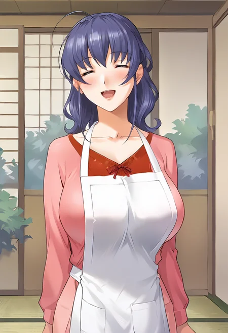 score_9, score_8_up, score_7_up, source_anime, masterpiece, 1girl, ct_haruka, blue hair, medium hair, large breasts, pink shirt, long sleeves, apron BREAK light pink long skirt, looking at viewer, indoors, japanese home, eyes closed, happy, <lora:HarukaOgihara_Pony_ct:1>