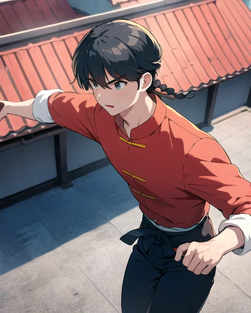 best quality, masterpiece,1boy,saotomeranma, hotwater, <lora:ranma_v1:0.8>, ,cowboy_shot,chinese clothes, official style, running on the rooftops of the japanese suburbs, hands free