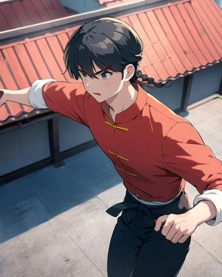 best quality, masterpiece,1boy,saotomeranma, hotwater, <lora:ranma_v1:0.8>, ,cowboy_shot,chinese clothes, official style, running on the rooftops of the japanese suburbs, hands free