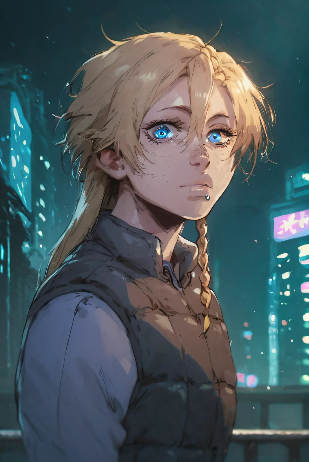 score_9,score_8_up,score_7_up, looking at viewer, portrait,
mary, 1girl, solo, long hair, blonde hair, blue eyes, braid, side lip piercing, freckles, 
grey shirt, grey shirt, long sleeves, vest,
outdoors, city,
<lora:sinfully_stylish_SDKL:0.8> <lora:Expressive_H:0.5> <lora:1dkXLP:0.5> <lora:Mary_Steinberg-11:1>