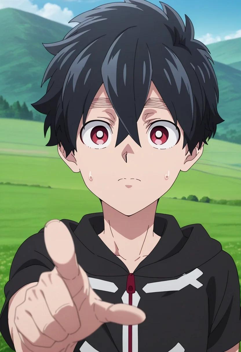 masterpiece, best quality, , anime screencap, anime coloring, , , 1boy, solo, male focus, <lora:kabane_kusaka_ilxl:0.9>, kabane_kusaka, black hair, red eyes, short hair, hair between eyes, kusaka kabane, , focused, hill, greenery, light, pointing, nervous,