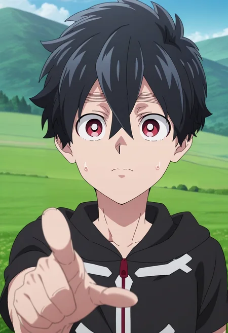 masterpiece, best quality, , anime screencap, anime coloring, , , 1boy, solo, male focus, <lora:kabane_kusaka_ilxl:0.9>, kabane_kusaka, black hair, red eyes, short hair, hair between eyes, kusaka kabane, , focused, hill, greenery, light, pointing, nervous,