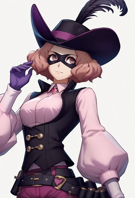 score_9, score_8_up, score_7_up, source_anime, 1girl, solo, <lora:zs_EngagePortraitsXL:1> engageportraits, portrait, white background ADDCOMM
<lora:HaruP5-pdxl:1> ptHaru, short hair, domino mask, black hat, hat feather, pink collared shirt, puffy long sleeves, black vest, underbust, purple gloves, purple shorts, puffy shorts, belt, bandolier, black pantyhose, black shoes