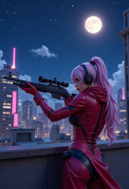 "A woman in a Widowmaker cosplay from Overwatch, aiming her sniper rifle from a rooftop at night."
aidmaimageupgrader, aidmaHyperrealism, pinketherealmj, aidmafluxpro1.1