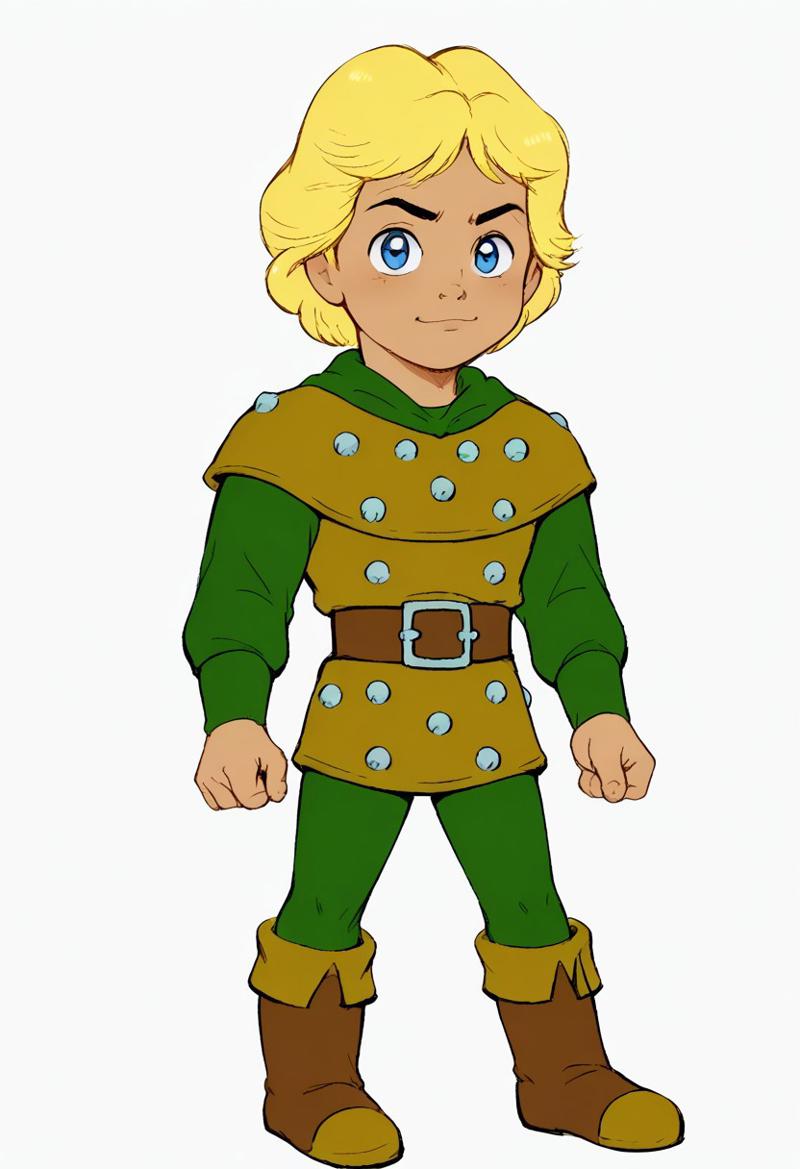 score_9, score_8_up, score_7_up, highly detailed, cute boy, 1boy, solo, ehanktheranger, Blonde Hair, shoulder-length Hair, slightly wavy Hair, Blue Eyes, Green tunic, golden leather armor, leather armor decorated with silver studs, green pants; brown leather boots; wide brown belt with a metallic square buckle, CuteCartoonStyle, 1boy, male focus, male, young adult, solo, CuteCartoonStyle, dynamic pose,
