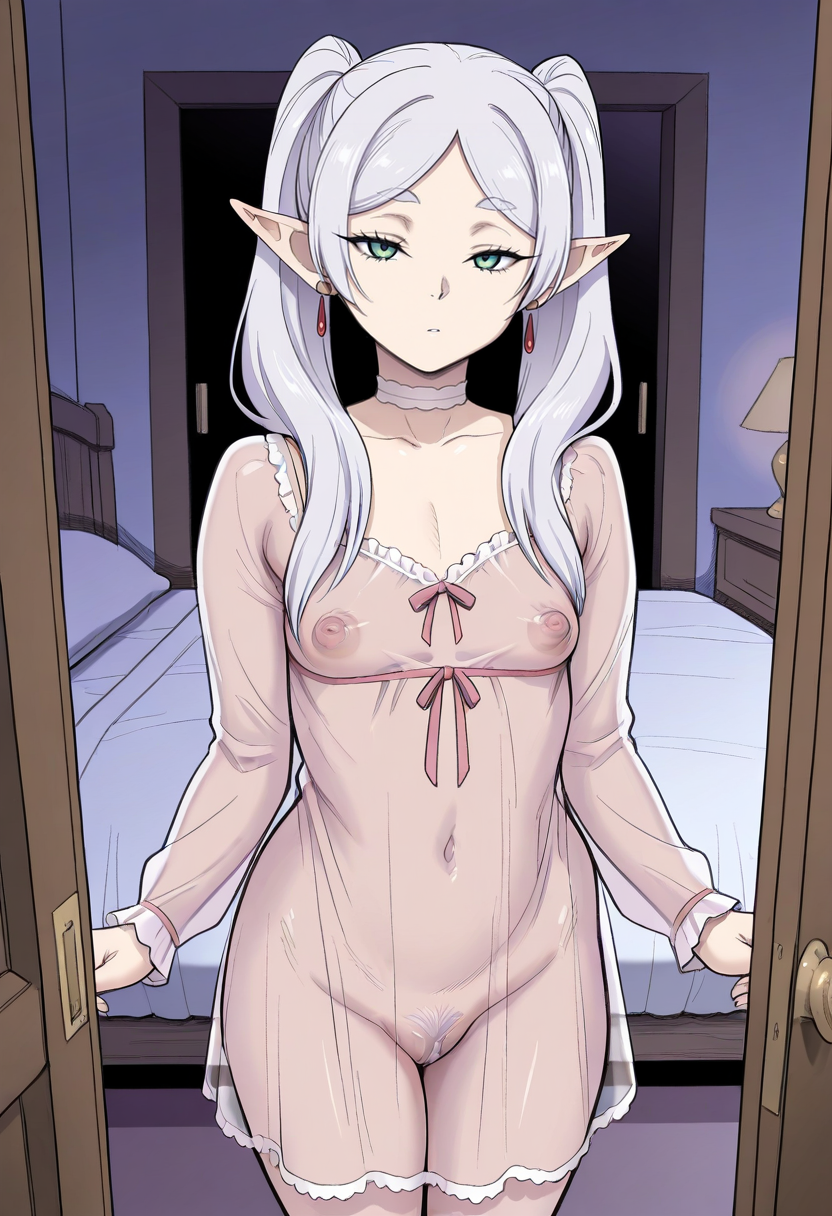 masterpiece, best quality,
 <lora:Kakugari_Kyoudai:1> K4k0g4r1K100d41,  1girl, solo, half-closed eyes, looking at viewer, frieren, small breasts, pink covered nipples, female pubic hair, nightgown, long sleeves, see-through clothes, covered nipples, earrings, choker, indoors, bedroom,