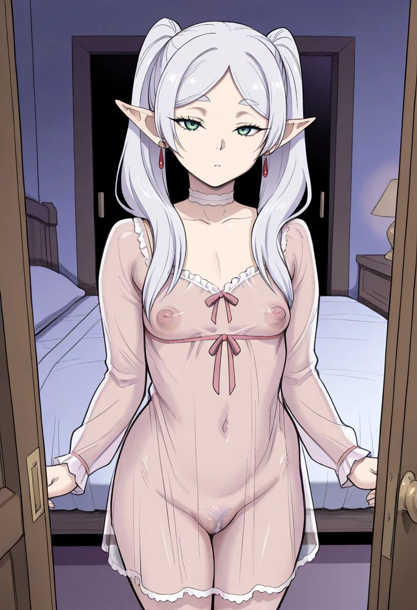 masterpiece, best quality,
<lora:Kakugari_Kyoudai:1> K4k0g4r1K100d41, 1girl, solo, half-closed eyes, looking at viewer, frieren, small breasts, pink covered nipples, female pubic hair, nightgown, long sleeves, see-through clothes, covered nipples, earrings, choker, indoors, bedroom,