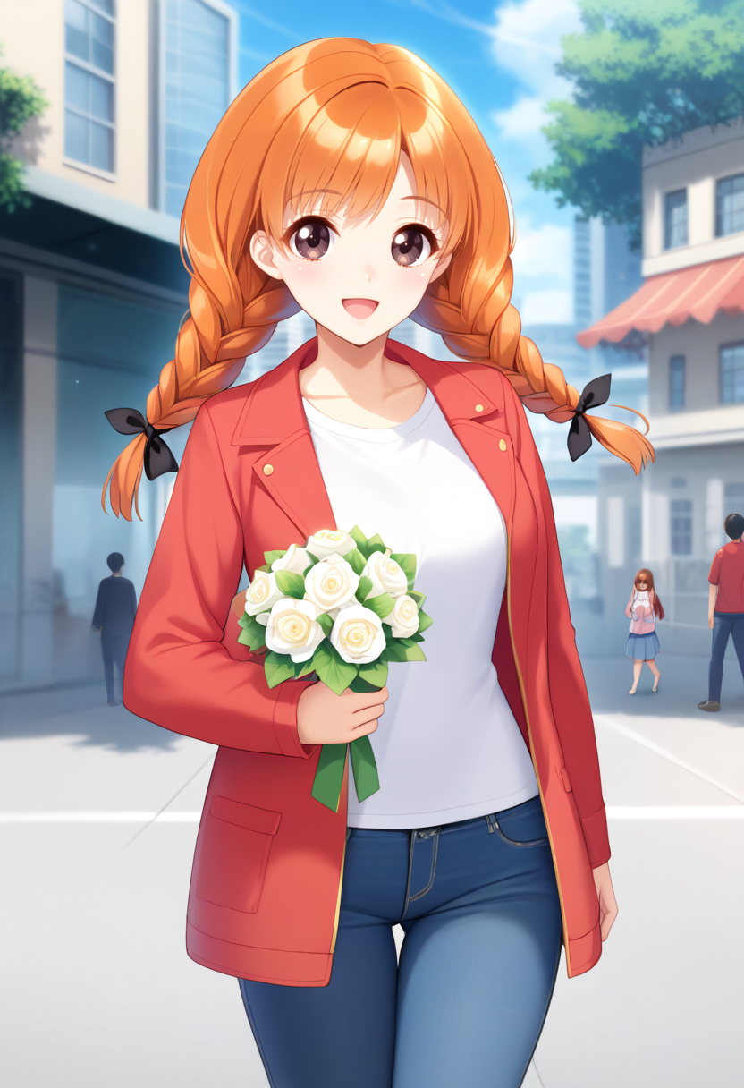 score_9, score_8_up, score_7_up, BREAK 1girl, nishiku,brown eyes,orange hair,twin braids,black hair ribbon,bouquet,outdoors,city,red jacket,black t-shirt,jeans,smiling,open mouth,<lora:Nishima_kur:1>