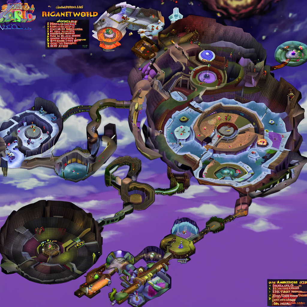 After an arcane cataclysm, the corporeal world has destabilized into an ethereal plane of fractured reality. The level is an ever-shifting realm of floating landmasses, suspended architecture, and arcane spatial distortions that players traverse. Gravitational forces shift and warp as structures and terrain dynamically tear apart and reform. Hazards include arcane anomalies that twist matter and space, rifts that can banish players to other planes, and belligerent extra-dimensional entities bleeding through into this unstable realm. Scattered anchored zones provide temporary stability amidst the flux, videogame cartography <lora:VGMCARTOGRAPHY_v0.0.4:1>