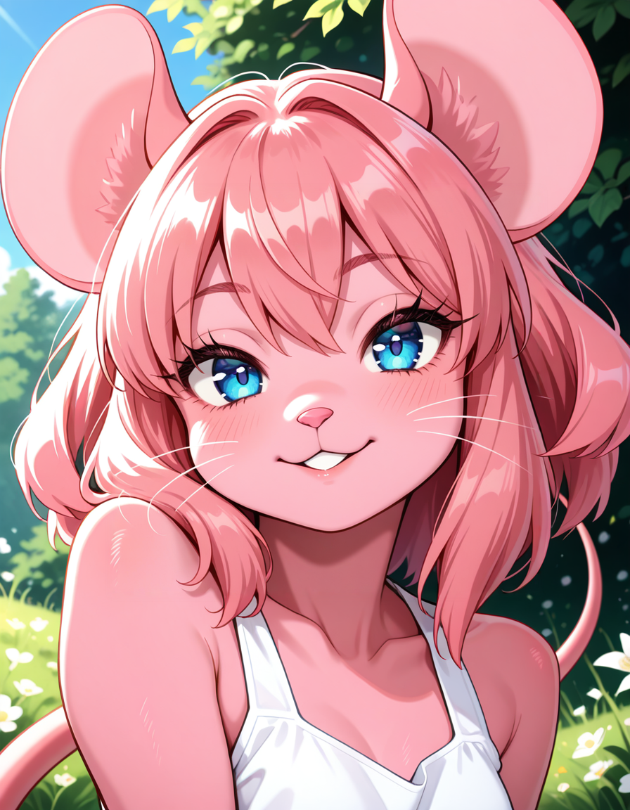 masterpiece, best quality, very aesthetic, absurdres,
outdoors,  
upper body, posing, 
 seductive smile, parted lips, long eyelashes,
 <lora:Mouse_Girl_v01_NAIXL:1>
M0sgr1,1girl,solo,furry,furry female,mouse girl,mouse ears,pink hair,short hair,blue eyes,snout,animal nose,whiskers,buck teeth,body fur,pink fur,mouse tail,