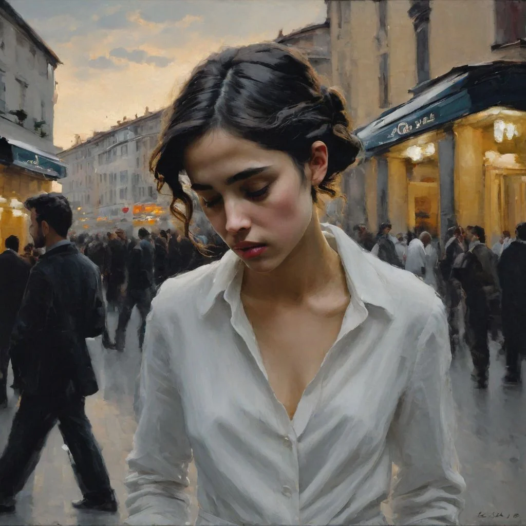 <lora:SDXL_MassiveCowsLoRA_v2E2:1> , (((classical oil painting))), ((Candid))), (((side view of short pretty modern Italian girl provocatively begging bystanders for money outside a hotel in crowded street))), ((bending)), (embarrassed face), ((gelasin)), (snub-nose), Immaculate short hair), spine, ass, (dramatic late-evening sky), Intricate textures, (high detailed skin:1.7),