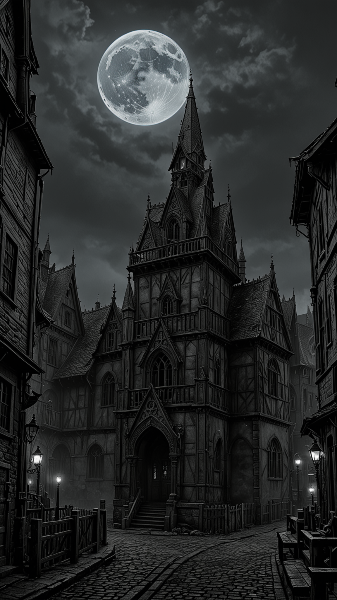 The city of yharnam, oil painting, Blue moon, realistic, extreme detail, scary, terrifying, dark and warm environment, 8k, Epic, (Use Dream Diffusion Secret Prompt),  <lora:Black__White_One_Accent_Color_-_By_Dice:1>, (Black and white image, Blue Accent), UHD