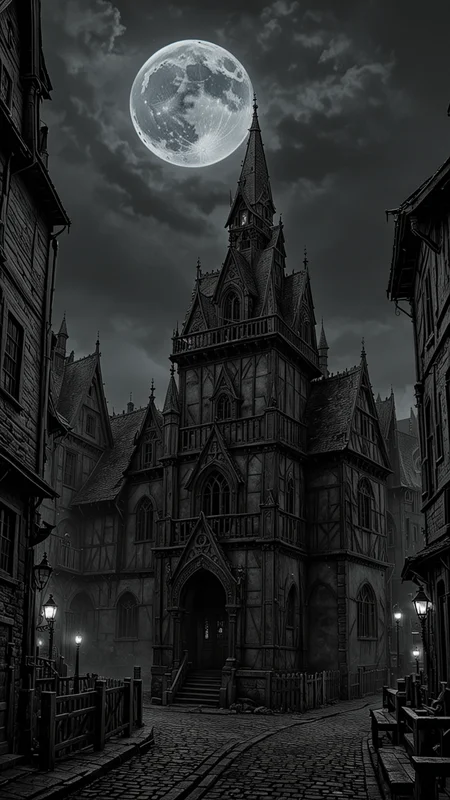 The city of yharnam, oil painting, Blue moon, realistic, extreme detail, scary, terrifying, dark and warm environment, 8k, Epic, (Use Dream Diffusion Secret Prompt), <lora:Black__White_One_Accent_Color_-_By_Dice:1>, (Black and white image, Blue Accent), UHD