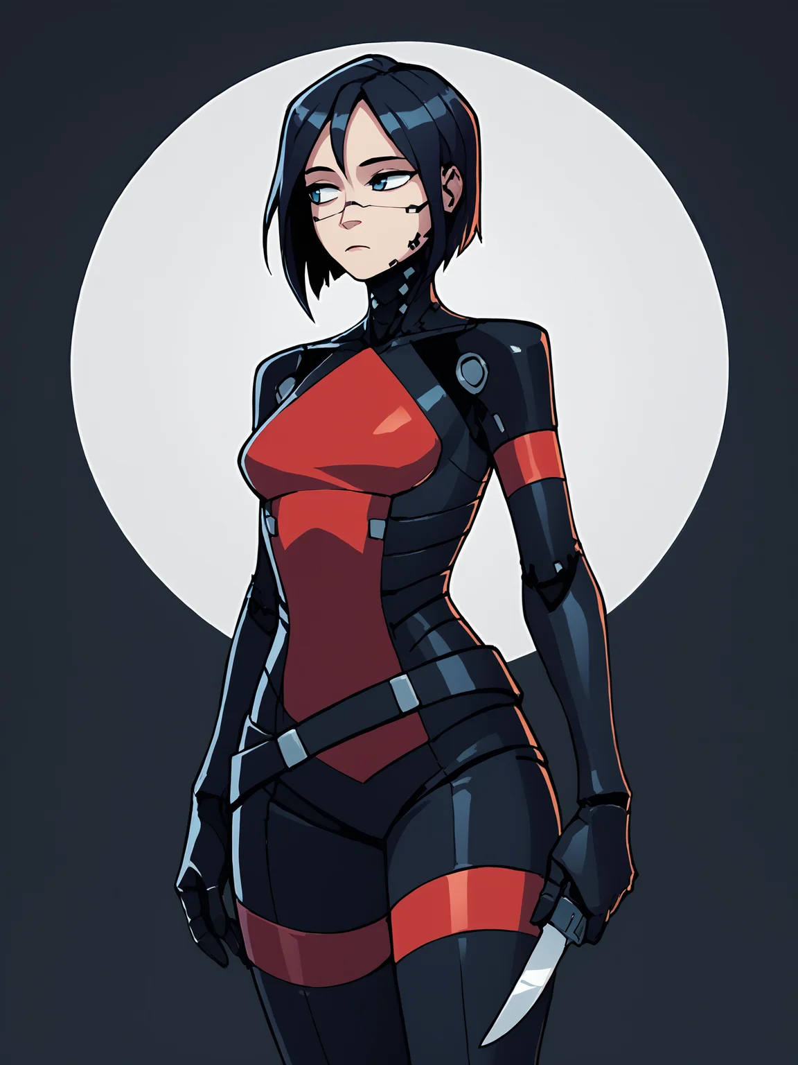 score_9, score_8_up, score_7_up, score_6_up, score_5_up, score_4_up, rating_safe
BREAK
elster, cyborg, black hair, blue eyes, expressionless, looking away,
BREAK
solo, cowboy shot, skinny, bodysuit, medium breasts, holding knife,
BREAK
black background, <lora:Lunas-Elster-Signalis-SDXL-A1:1> <lora:Lunas-Suoiresnu-SDXL-A1:1>
