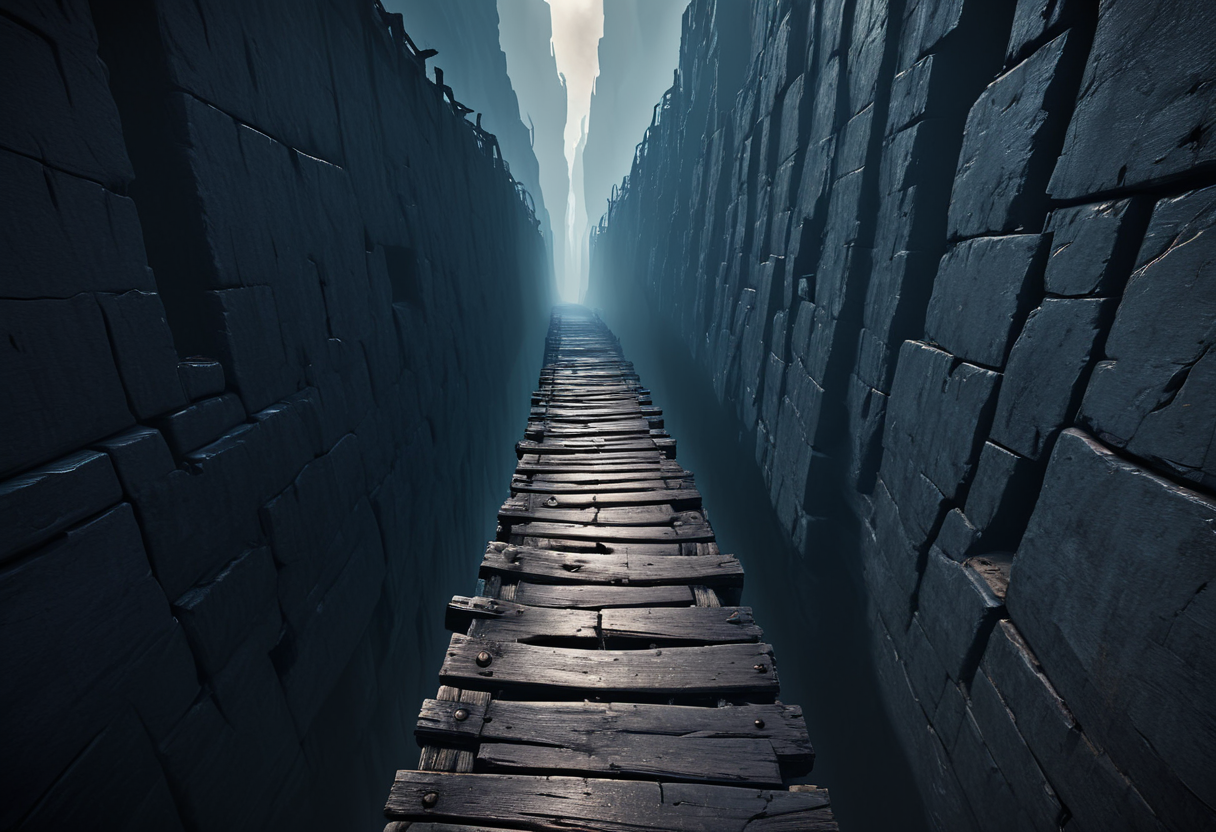 Crossing a rickety bridge over a chasm as planks fall away, Walking down an endless hallway with doors slamming shut, Standing on the edge of a crumbling cliff overlooking a fiery abyss, Vittorio Storaro, Janusz KamiÅski, Dion Beebe, Atmospheric, Hazy, Depth of field, Moody, Tactile, Vivid, Layered, Claustrophobic, Gritty, Subtle masterpiece, best quality, absurd resolution, in the style of first person perspective,  <lora:artfullyHW1P:1> arthw1p, scenery, no humans,