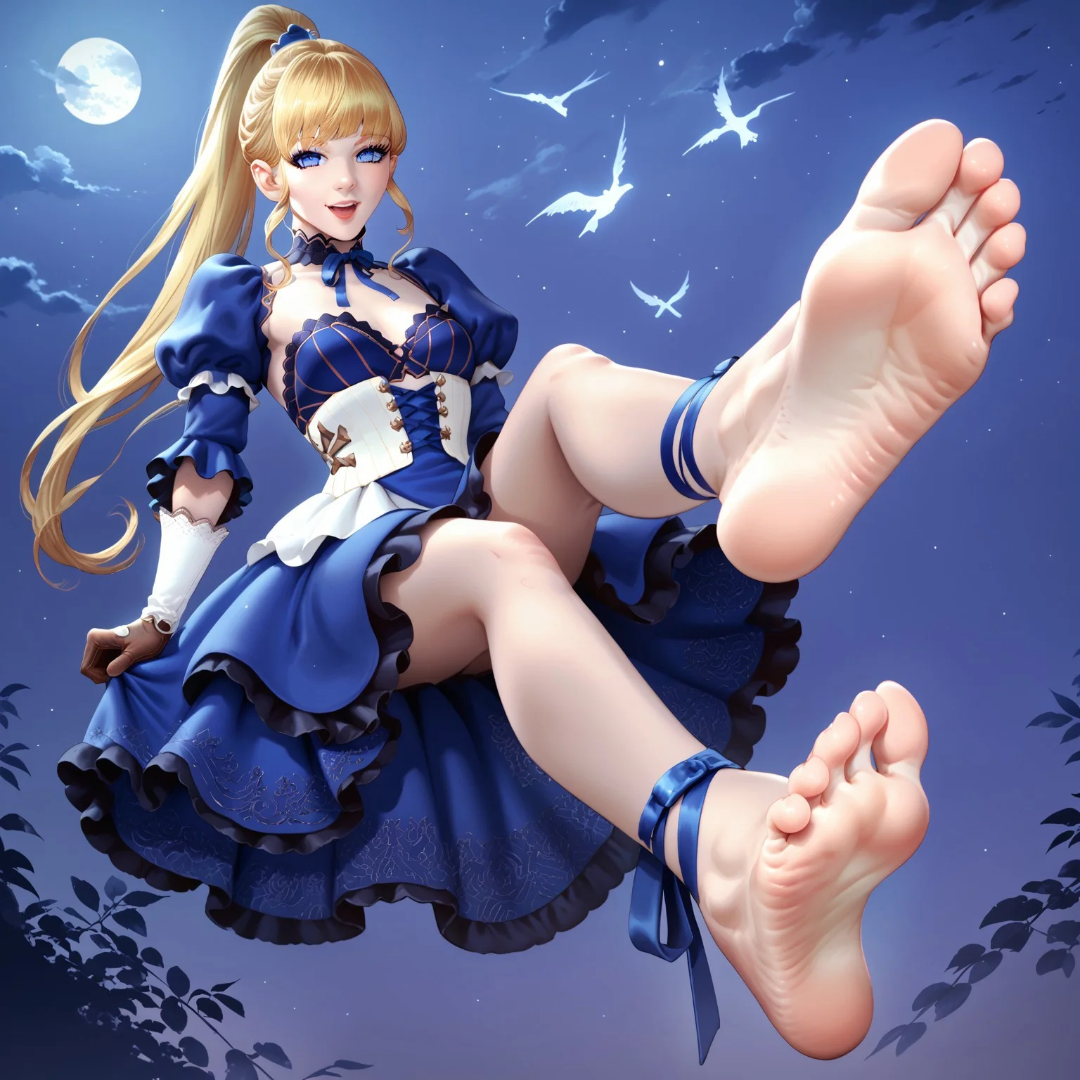 safe_pos, score_9, score_8_up, score_7_up, high detailed, ultra-detailed, intricate details, detailed, fit, small breasts, (moonlight night background), night, (moon), open mouth, LP_aileen, 1girl, blonde hair, blue eyes, long hair, ponytail, bangs, blue dress, gloves, puffy sleeves, ribbon, cross-laced footwear, night, barefoot, soles, foot focus, from below, smile