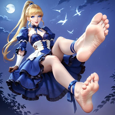safe_pos, score_9, score_8_up, score_7_up, high detailed, ultra-detailed, intricate details, detailed, fit, small breasts, (moonlight night background), night, (moon), open mouth, LP_aileen, 1girl, blonde hair, blue eyes, long hair, ponytail, bangs, blue dress, gloves, puffy sleeves, ribbon, cross-laced footwear, night, barefoot, soles, foot focus, from below, smile