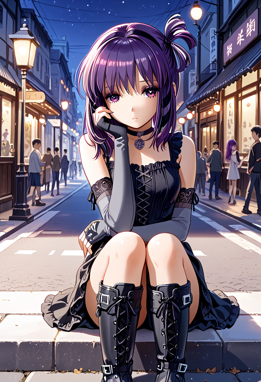 score_9,score_8_up,score_7_up,source_anime, high quality detailed, very aesthetic, 8K, 16K, high quality, best quality, detailed eyes, hand, beautiful hands, prefect hands, perfect anatomy, skin highlights, (1girl, looking away from viewer), Miho, sidelocks, purple hair, hair ribbons <lora:Miho_Tohya__Megatokyo:1>miho, choker, elbow gloves, fingerless gloves, gloves, greyscale, goth boots, sad expression, distant expression, sitting on street light , city, night, Japanese city, in sketchbook, colored marker style,