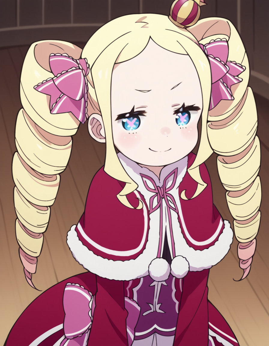 score_9, score_8_up, score_7_up, source_anime, <lora:rezero-beatrice-s3-leak-ponyxl-lora-nochekaiser:1>, beatrice, long hair, blue eyes, blonde hair, twintails, hair ribbon, sidelocks, symbol-shaped pupils, drill hair, twin drills,, dress, ribbon, fur trim, capelet, crown, mini crown, red capelet, frills, bowtie,, indoors, bent over, smile, smug, looking at viewer, solo,, cowboy shot, dutch angle